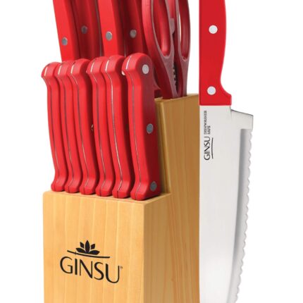 Ginsu Kiso 14-Piece Red Knife Set with Natural Block - Dishwasher Safe and Always Sharp