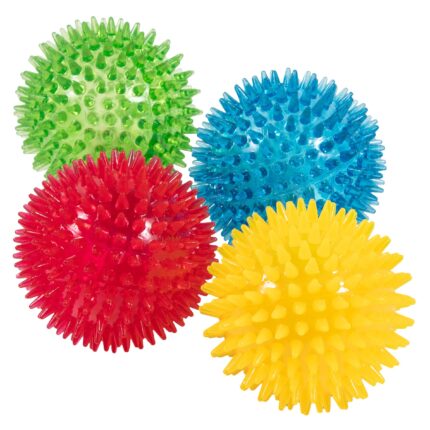 dipperdap 3.5” Spikey Dog Balls (4 Pack) Squeaky Dog Toys | Cleans Teeth for Healthier Gums | Non-Toxic BPA-Free for Aggressive Chewers | Spikey Balls in Red, Blue, Yellow, and Green